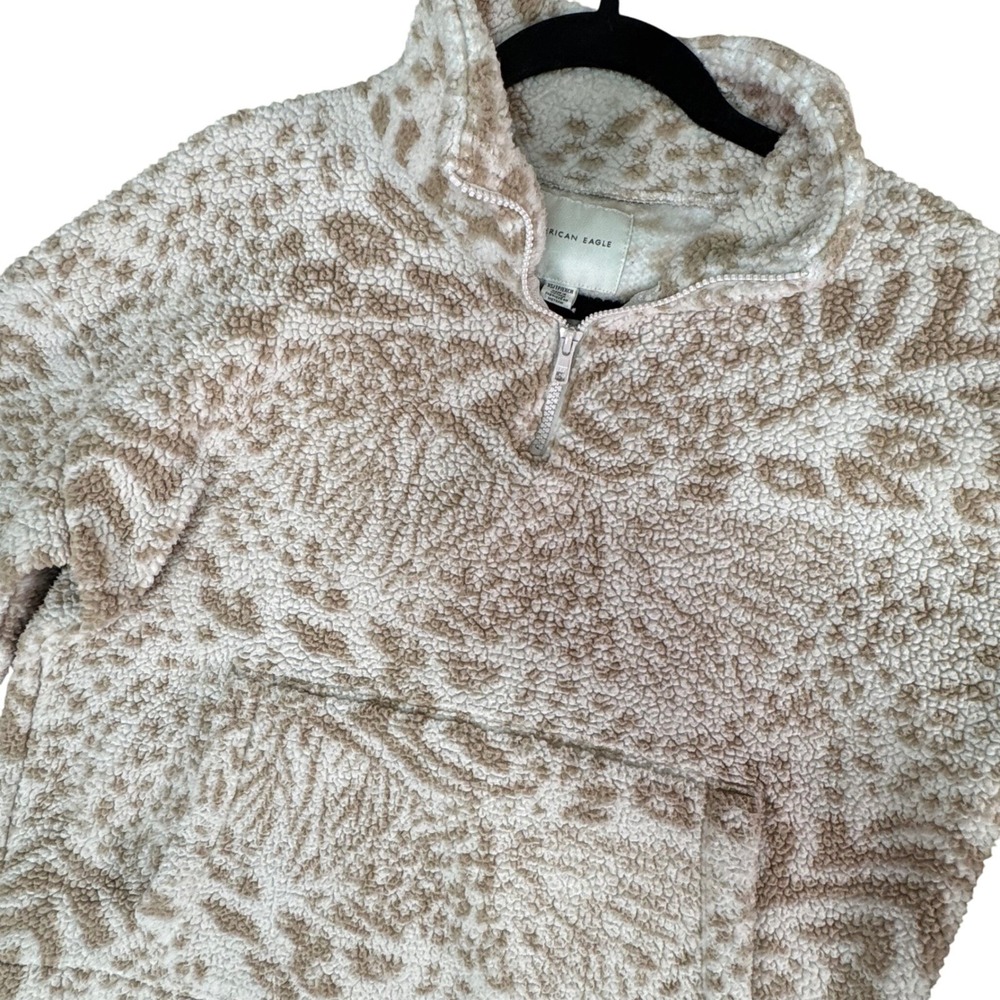 American Eagle Womens XS Fuzzy Leopard Print Half Zip Sherpa Pullover Cozycore